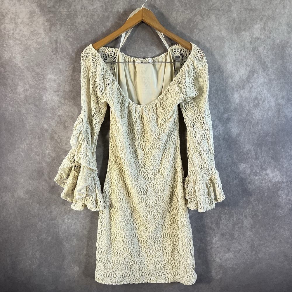 Boston Proper Lace Dress Womens XS Ivory Crochet Bell Sleeve Boho Mini Dress